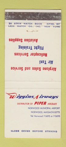 Matchbook Cover - Wiggins Airways Piper Planes Norwood MA 30 Stick