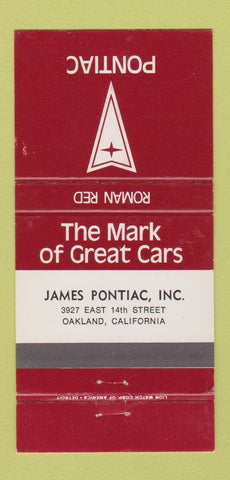 Matchbook Cover - James Pontiac Oakland CA Roman Red 30 Strike