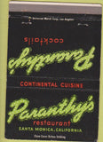 Matchbook Cover - Paranthy's Restaurant Santa Monica CA 40 Strike
