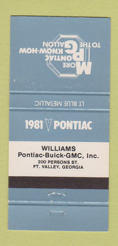 Matchbook Cover - 1981 Pontiac GMC Buick Fort Valley GA Blue Metallic 30 Strike