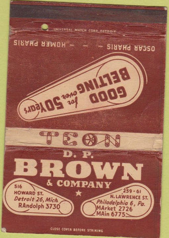 Matchbook Cover - DP Brown Co Detroit MI Philadelphia belting WEAR 40 Strike
