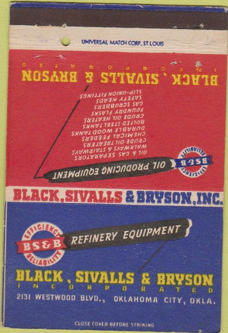 Matchbook Cover - Black Sivalls Bryson oil gas supply Oklahoma City OK 40 Strike