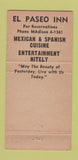 Matchbook Cover - El Paseo Inn Los Angeles CA girlie 30 Strike
