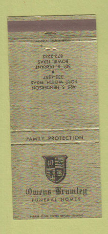 Matchbook Cover - Owens Brumley Funeral Home Fort Worth Bowie TX 30 Strike