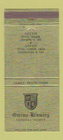 Matchbook Cover - Owens Brumley Funeral Home Fort Worth Bowie TX 30 Strike