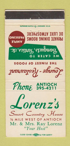Matchbook Cover - Lorenz's Country House Restaurant Antioch CA 30 Strike