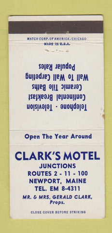 Matchbook Cover - Clark's Motel Newport ME 30 Strike