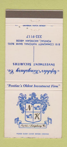 Matchbook Cover - Nephler Kingsbury Investments Pontiac MI 30 Strike