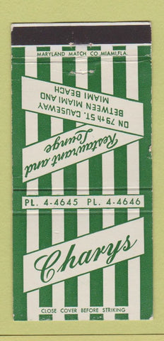 Matchbook Cover - Charys Restaurant Miami Beach FL WEAR 30 Strike