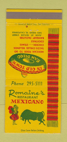 Matchbook Cover - Romaine's Mexican Restaurant San Diego CA matador 30 Strike