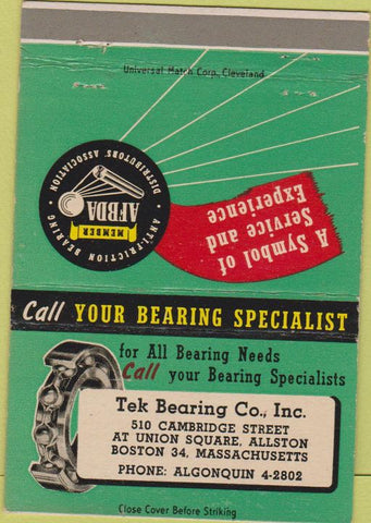 Matchbook Cover - Tek Bearing Co Boston MA 40 Strike