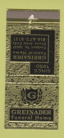Matchbook Cover - Greinader Funeral Home Coalport PA WEAR 30 Strike