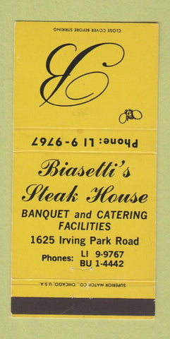 Matchbook Cover - Biasetti's Steak House Chicago IL YELLOW 30 Strike