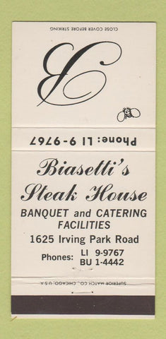 Matchbook Cover - Biasetti's Steak House Chicago IL WHITE 30 Strike