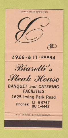 Matchbook Cover - Biasetti's Steak House Chicago IL PEACH 30 Strike