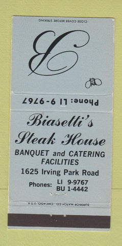 Matchbook Cover - Biasetti's Steak House Chicago IL BLUE 30 Strike
