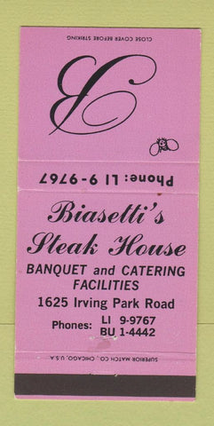 Matchbook Cover - Biasetti's Steak House Chicago IL LAVENDER 30 Strike