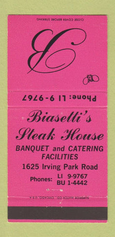 Matchbook Cover - Biasetti's Steak House Chicago IL PINK 30 Strike