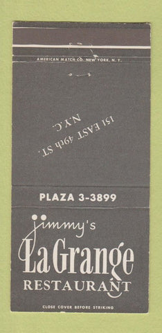 Matchbook Cover - Jimmy's La Grange Restaurant New York City 30 Strike