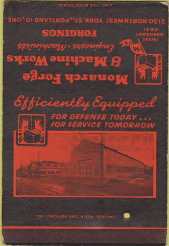 Matchbook Cover - Monarch Forge Machine Works Portland OR 40 Strike
