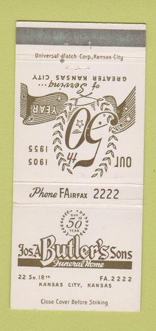 Matchbook Cover - Jos A Butler's Funeral Home Kansas City KS 1955 30 Strike