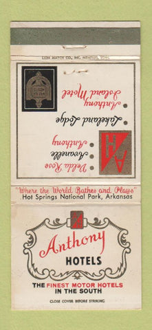 Matchbook Cover - Anthony Hotels Hot Springs National Park AR WORN 30 Strike