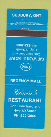Matchbook Cover - Gloria's Restaurant Sudbury ON Esso oil gas