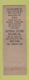 Matchbook Cover - Natonal Textile Waving New York City UNION QUALITY