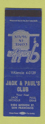 Matchbook Cover - Jack and Paul's Club San Francisco CA