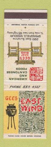 Matchbook Cover - Gee's East Wind Chinese Springfield MO