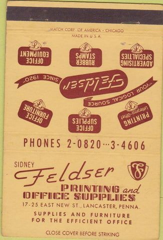 Matchbook Cover - Feldster Printing Office supply Lancaster PA 40 Strike