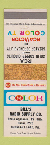 Matchbook Cover - RCA Color TV Bill's Radio Conneaut Lake PA