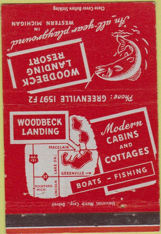Matchbook Cover - Woodbeck Landing Resort Macclain MI boat motors 40 Strike