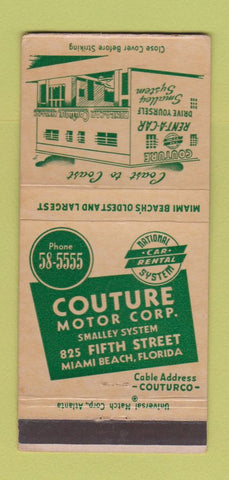 Matchbook Cover - Couture Motors Miami Beach FL Car Rental 30 Strike