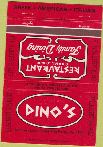 Matchbook Cover - Dino's Restaurant LaPorte IN 40 Strike