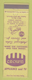 Matchbook Cover - Crown Appliance TV Ventura CA RCA