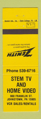 Matchbook Cover - Zenith Stem TV Home Video Johnstown PA