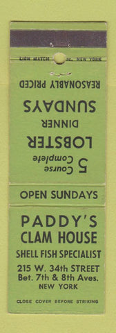 Matchbook Cover - Paddy's Clam House New York City