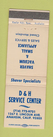 Matchbook Cover - D&H Appliance Shaver Vacuum Anaheim CA WEAR
