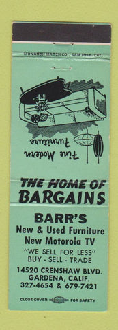 Matchbook Cover - Barr's Furniture Motorola TV Gardena CA