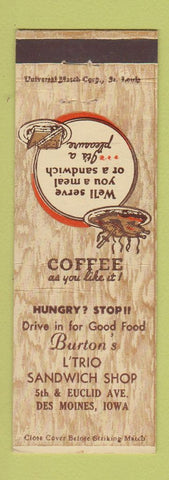 Matchbook Cover - Burton's Sandwich Shop Des Moines IA
