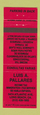 Matchbook Cover - Luis Pallares Accountant Tax Long Beach CA