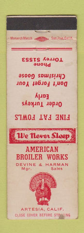 Matchbook Cover - American Broiler Works Turkey Artesia CA WEAR