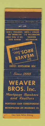Matchbook Cover - Weaver Bros Mortgage Real Estate Washington DC Baltimore MD