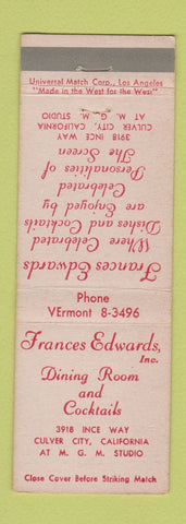 Matchbook Cover - Frances Edwards Restaurant Culver City CA