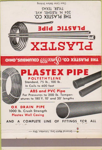 Matchbook Cover - Plastex Plastic Pipe Tyler TX 40 Strike