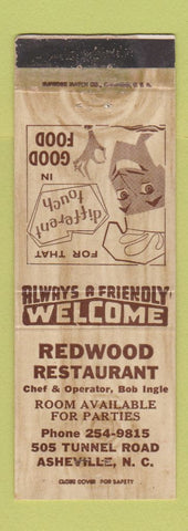 Matchbook Cover - Redwood Restaurant Asheville NC WORN