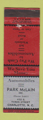 Matchbook Cover - Park McLain Auto Sales Charlotte NC WEAR