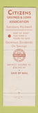 Matchbook Cover - Citizens Savings and Loan Salisbury Rockwell NC