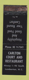Matchbook Cover - Carlton Court Restaurant motel Lumberton NC WORN